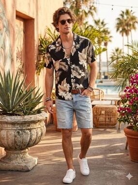 Aeropostale Men’s Black and Cream Floral Beach Summer Camp Shirt Size XS